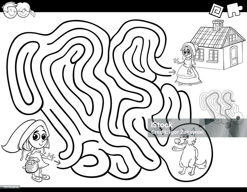 maze color book with little red riding hood Black and White Cartoon Illustration of Education Maze or Labyrinth Activity Game for Children with Little Red Riding Hood Coloring Book Child stock vector