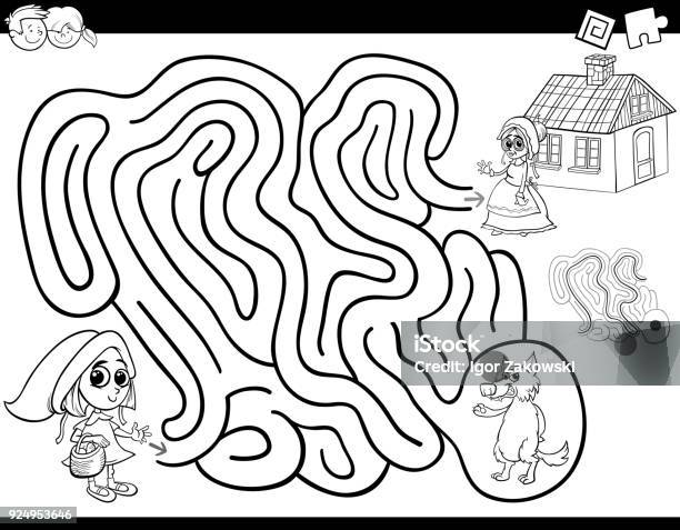Maze Color Book With Little Red Riding Hood Stock Illustration - Download Image Now - Child, House, Basket