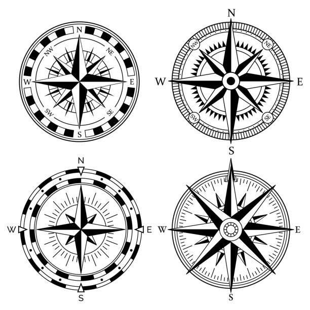 ilustrações de stock, clip art, desenhos animados e ícones de wind rose retro design vector collection. vintage nautical or marine wind rose and compass icons set, for travel, navigation design - drawing compass