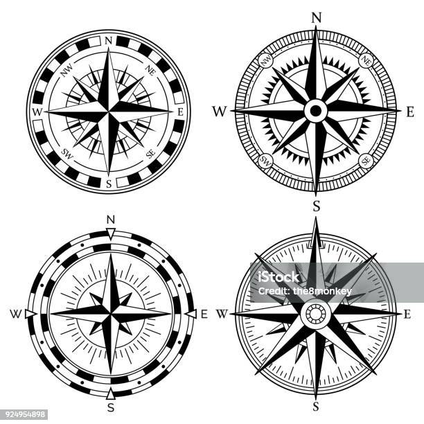 Vetores de Coleção De Vector Design Retro Rosa Dos Ventos Vintage Náutica Ou Marinha Rosa Dos Ventos E A Bússola Ícones Definido Para Viagem Projeto De Navegação e mais imagens de Bússola