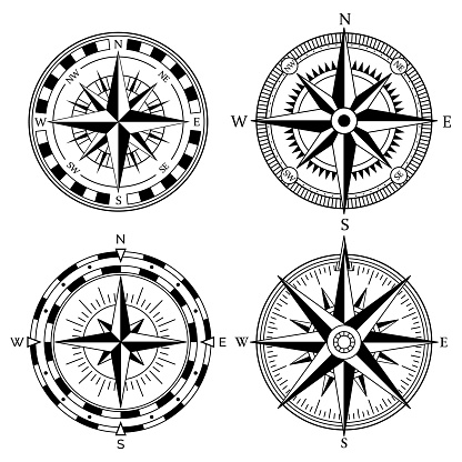 Wind rose retro design vector collection. Vintage nautical or marine wind rose and compass icons set, for travel, navigation design.