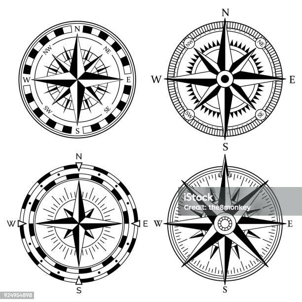 Wind Rose Retro Design Vector Collection Vintage Nautical Or Marine Wind Rose And Compass Icons Set For Travel Navigation Design Stock Illustration - Download Image Now