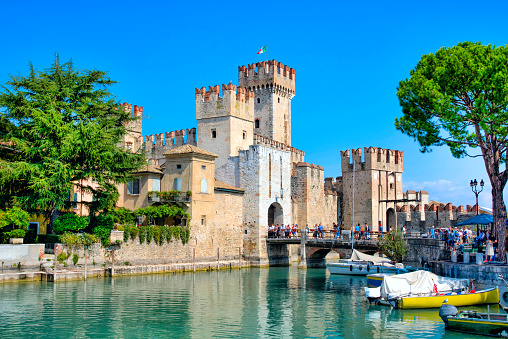 Italy September 2017. Sirmione. medieval castle Scaliger on lake Garda.