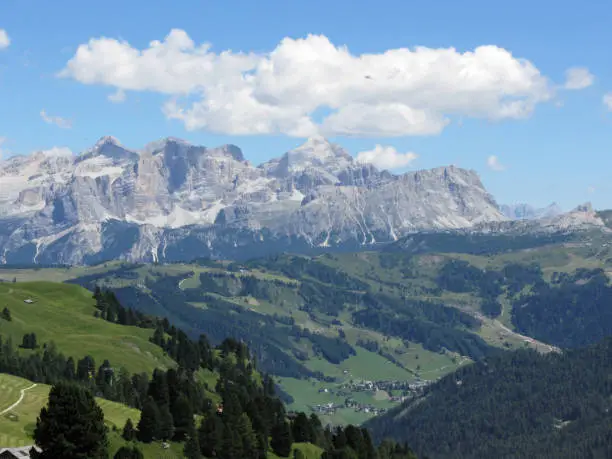 Panoramic mountain view of the italian Dolomites at summer . Valgardena, South Tyrol , Bolzano , Italy