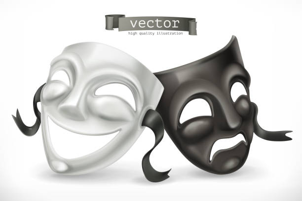 illustrazioni stock, clip art, cartoni animati e icone di tendenza di maschere teatrali in bianco e nero. commedia e tragedia, icona vettoriale 3d - maschera da tragedia