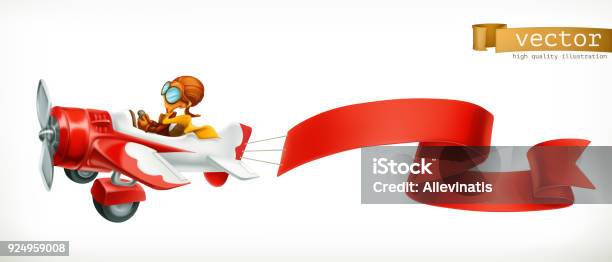 Funny Airplane With Red Banner 3d Vector Cartoon Isolated On White Background Stock Illustration - Download Image Now