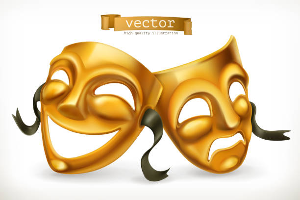 ilustraciones, imágenes clip art, dibujos animados e iconos de stock de máscaras teatrales oro. comedia y tragedia, icono de vectores 3d - tragedy mask illustrations