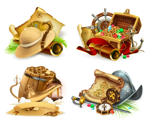 stockillustraties, clipart, cartoons en iconen met treasure hunt en avontuur, game logo. 3d-vector icon set - antiquities