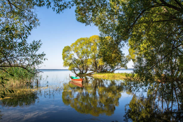 barco de pesca en el agua cerca de la costa - plescheevo fotografías e imágenes de stock