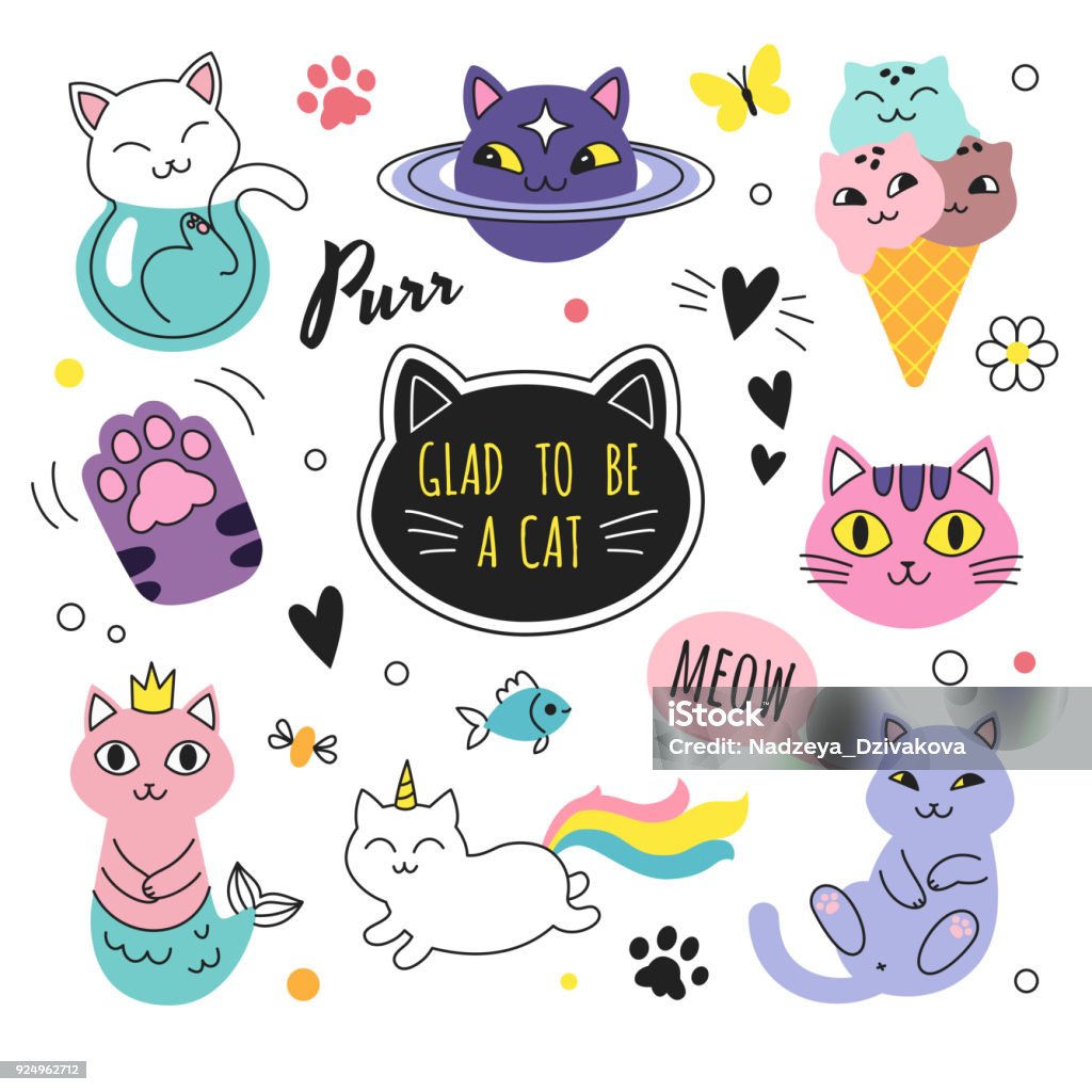 Funny doodle cats collection. Vector illustration of cute cartoon cats in different poses and unusual interpretation. isolated on white. Domestic Cat stock vector