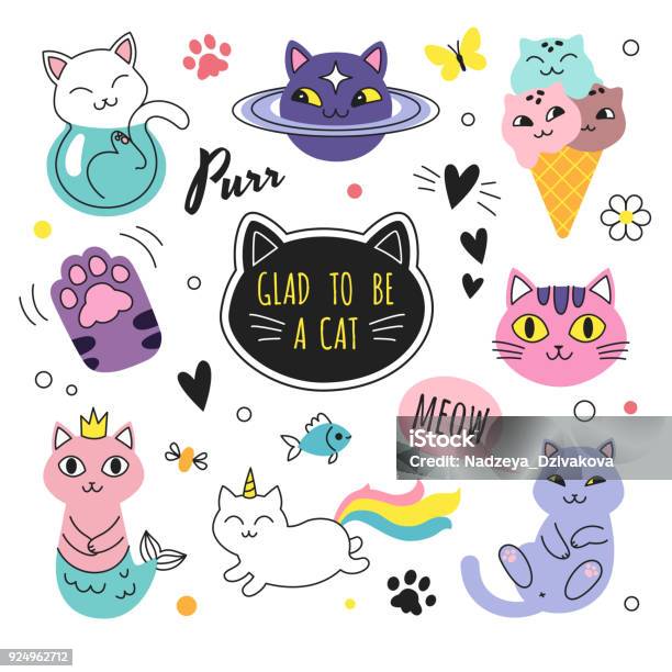 Funny Doodle Cats Collection Stock Illustration - Download Image Now - Domestic Cat, Cute, Unicorn