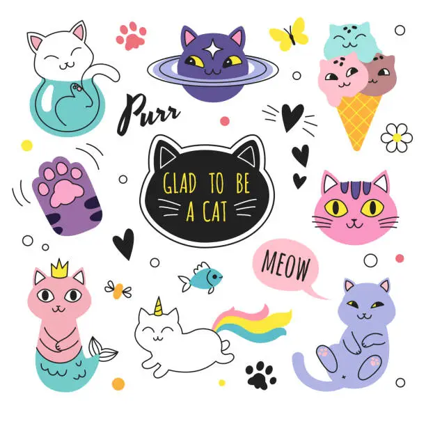 Vector illustration of Funny doodle cats collection.