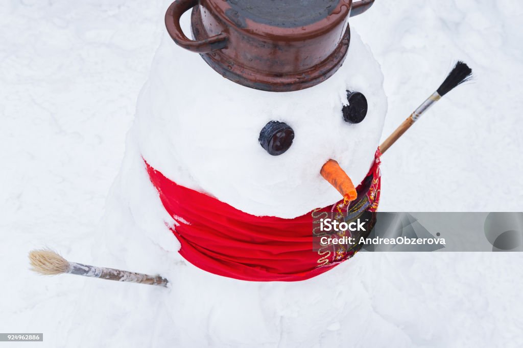 Close up shot of cute snowman. Building - Activity Stock Photo