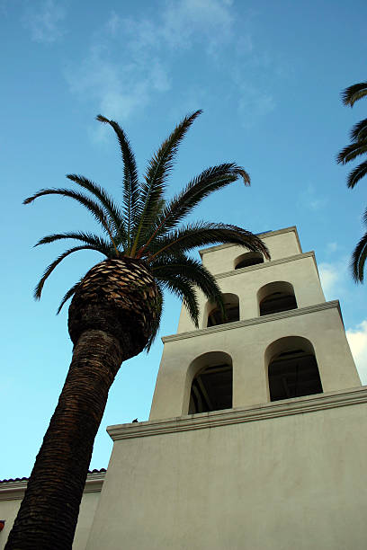 istock Spanish style mission church tower with palm tree 92496727