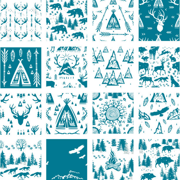 Seamless pattern with Outdoors Activity, Travel Tourism, Hiking, Seamless pattern with Outdoors Activity, Travel Tourism, Hiking, Trekking Mountains, Forest Camping, Hunting, Hipster style hiking designs stock illustrations