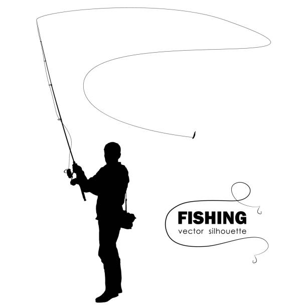 Isolated silhouette of fisherman. Fisher throws spinning Vector illustration: Isolated silhouette of fisherman. Fisher throws spinning fly fishing illustrations stock illustrations