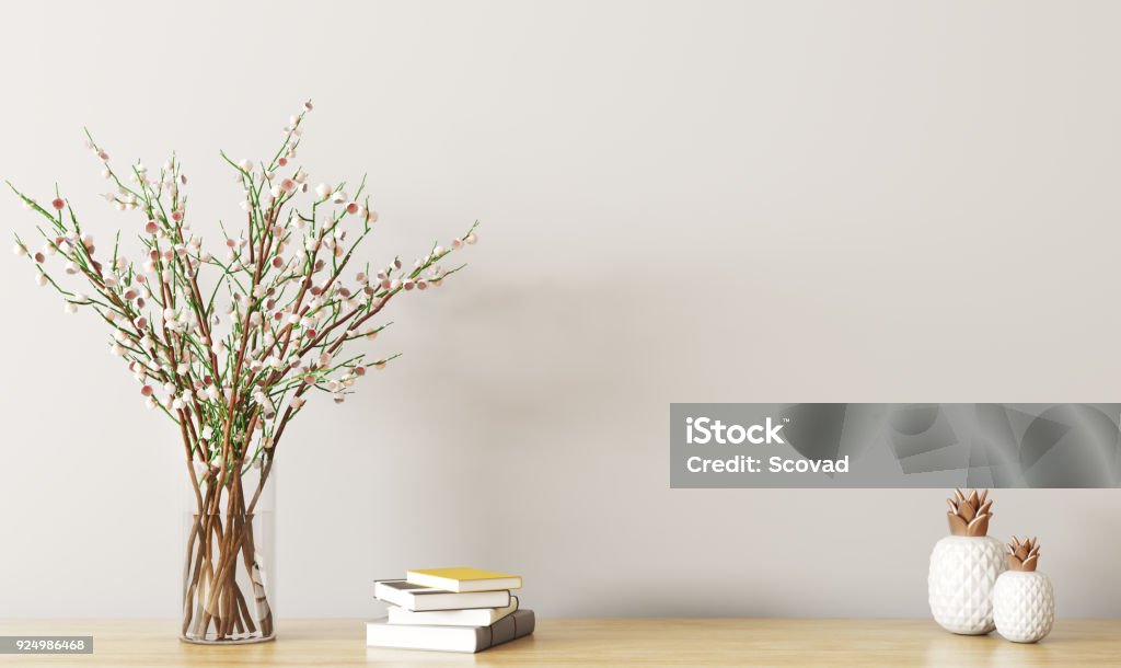 Shelf with flower branch 3d rendering Wall decoration, wooden shelf with flower branches in vase, spring interior background 3d rendering Shelf Stock Photo