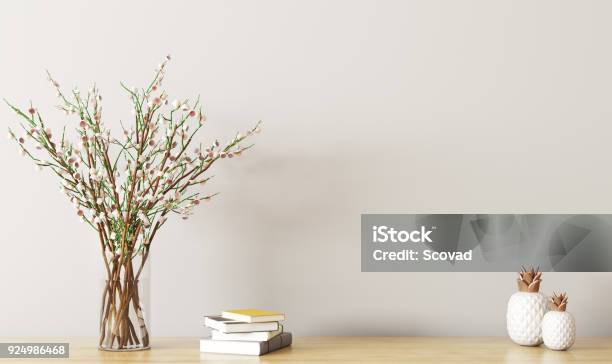 Shelf With Flower Branch 3d Rendering Stock Photo - Download Image Now - Shelf, Vase, Bookshelf