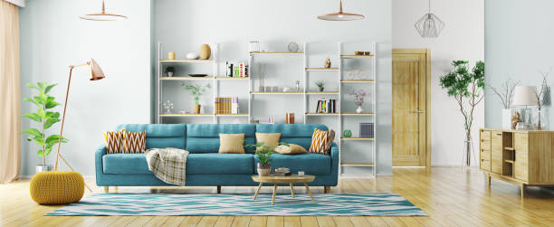 innere des modernen wohnzimmer panorama 3d-rendering - living room blue sofa carpet stock-fotos und bilder