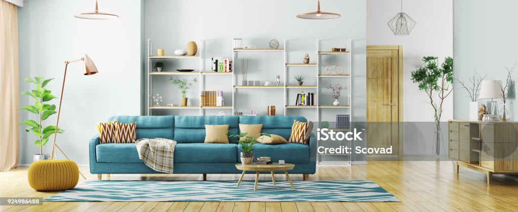Interior da sala de estar moderna renderização 3d panorama - Foto de stock de Sala de estar royalty-free