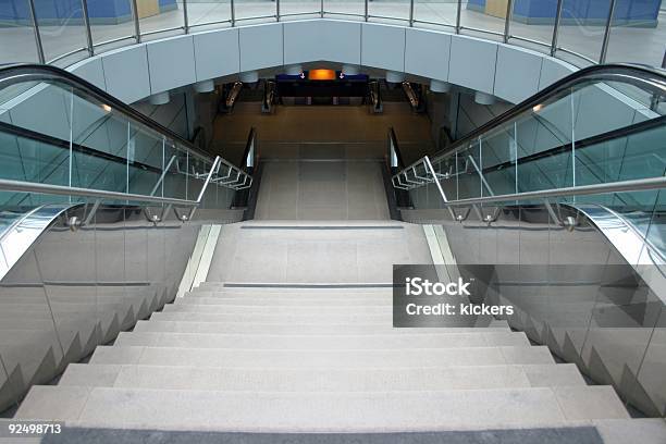 Escalator In Subway Station Symmetric Stock Photo - Download Image Now - Long, Moving Down, Staircase