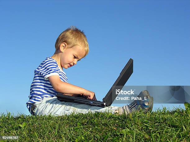 Child With Notebook Sit Blue Sky Stock Photo - Download Image Now - Blue, Boys, Business