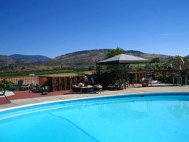 cielo blu e piscina - swimming pool summer women okanagan foto e immagini stock