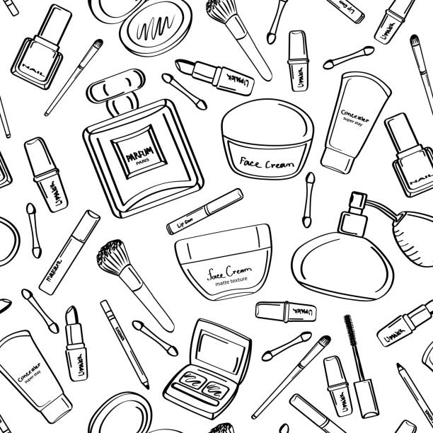 Seamless pattern with cosmetics in a contour style vector art illustration