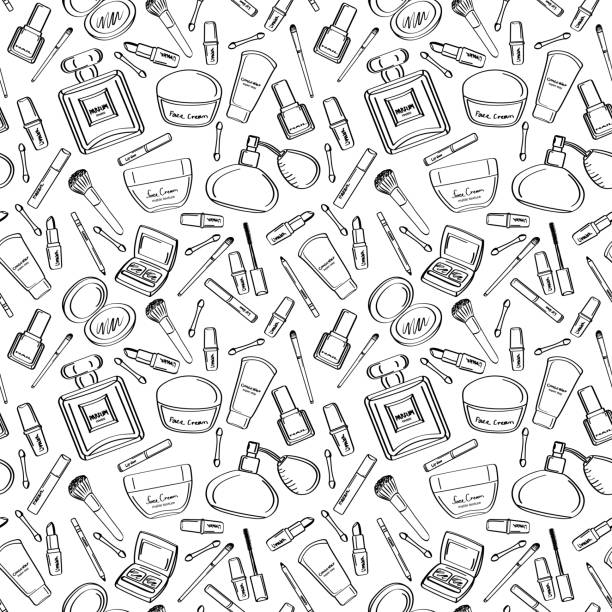 бесшовная текстура с косметикой и аксессуарами в контурном стиле - макияж stock illustrations