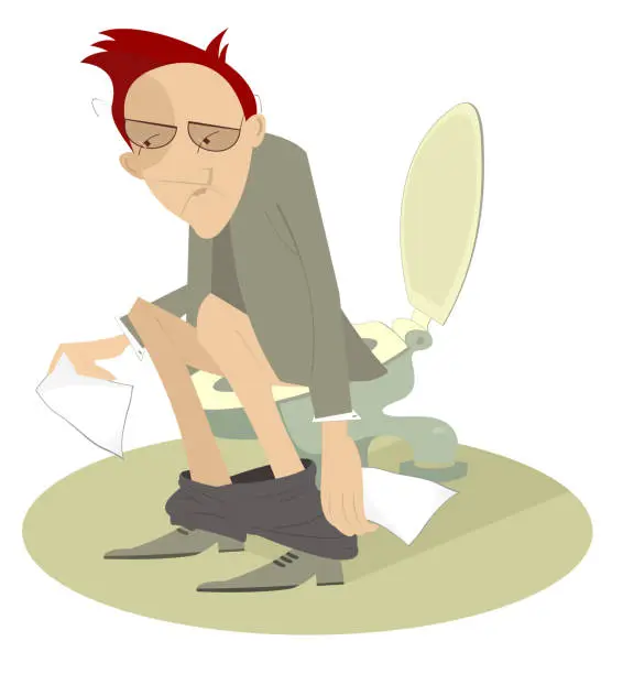 Vector illustration of Upset man with diarrhea (food poisoning) sitting in the toilet illustration