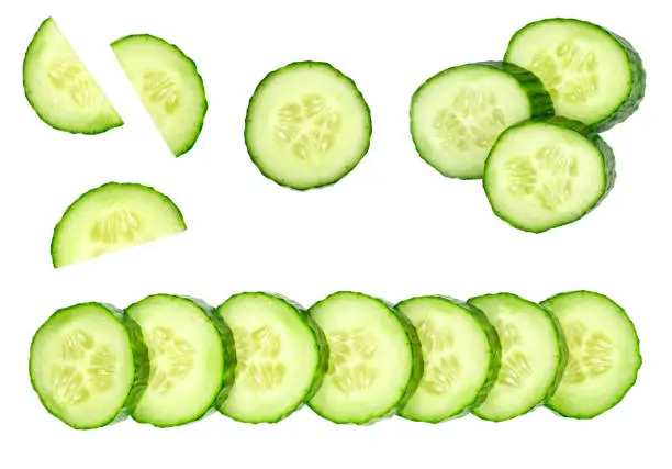 Collection of fresh green cucumbers isolated on white background. Set of multiple images. Part of series