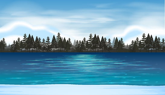 Lake scene with pine forest in background illustration