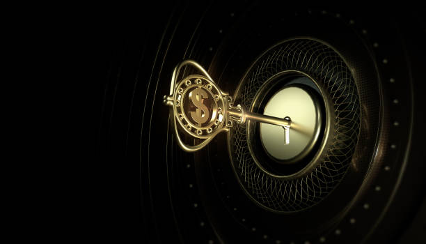 istock golden refined key with a dollar sign inserted in a keyhole on a dark abstract background. Concept money is the key to everything. gold opens the door 3d render 925000124