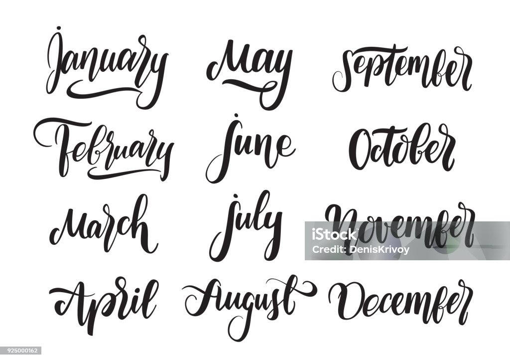 Vector handwritten type lettering of all months of the year for calendar. Seasons banners. Vector handwritten type lettering of all months of the year for calendar. Seasons banners Month stock vector