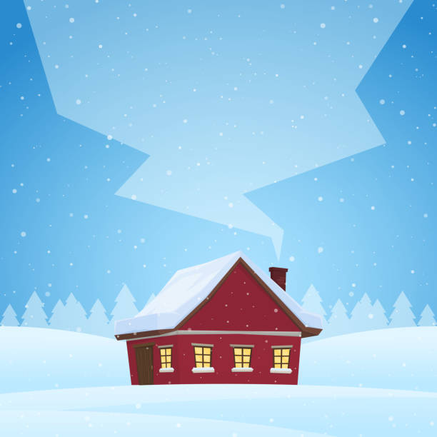 istock Red cartoon house on snowy winter background with space for text on smoke from the chimney 925000626
