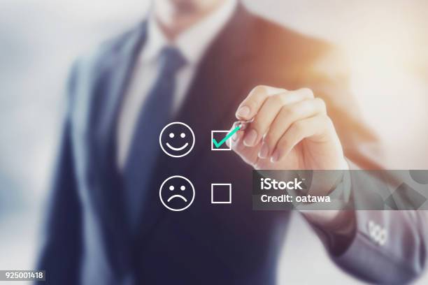 Businessman Giving Rating With Happy Icon Customer Satisfaction Survey Concept Stock Photo - Download Image Now