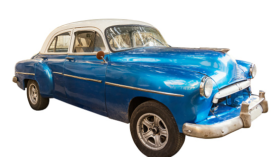 Blue, old and american car isolated