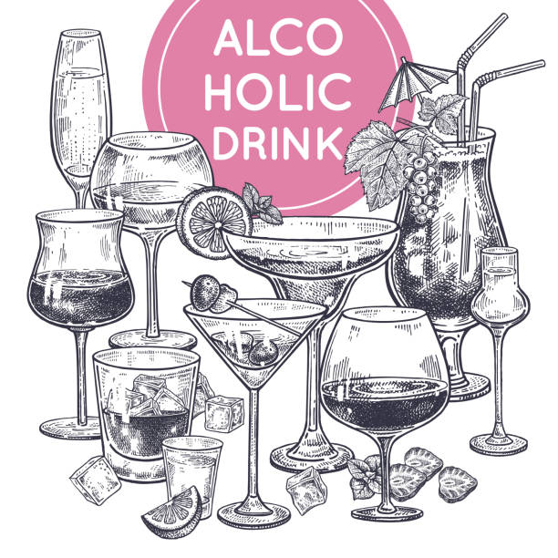 illustrazioni stock, clip art, cartoni animati e icone di tendenza di poster di bevande alcoliche. - cocktail illustrazioni