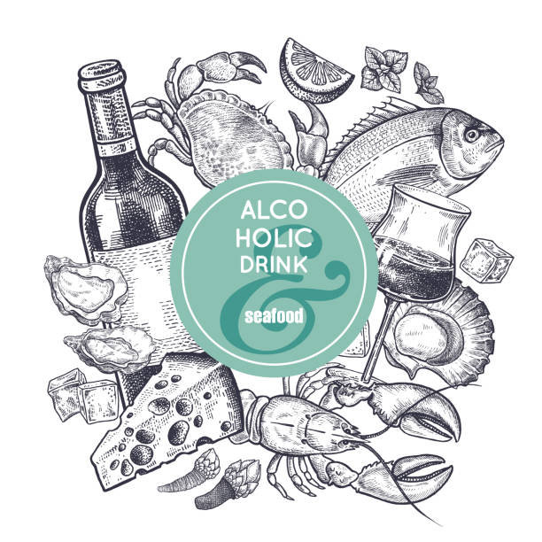 illustrations, cliparts, dessins animés et icônes de vin et collation ensemble. - wine food fish seafood