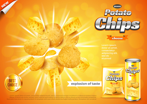 Chips ads. Cheese flavour explosion. 3d illustration and packaging