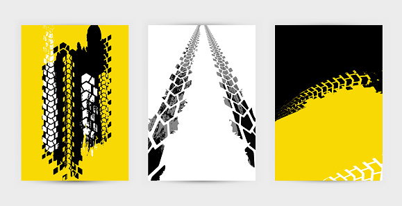 Vector automotive banners template. Grunge tire tracks backgrounds for landscape poster, digital banner, flyer, booklet, brochure and web design. Editable graphic image in grey and white colors