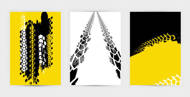 Grunge Tire Posters Set 1-15 Vector automotive banners template. Grunge tire tracks backgrounds for landscape poster, digital banner, flyer, booklet, brochure and web design. Editable graphic image in grey and white colors motorcycle designs stock illustrations