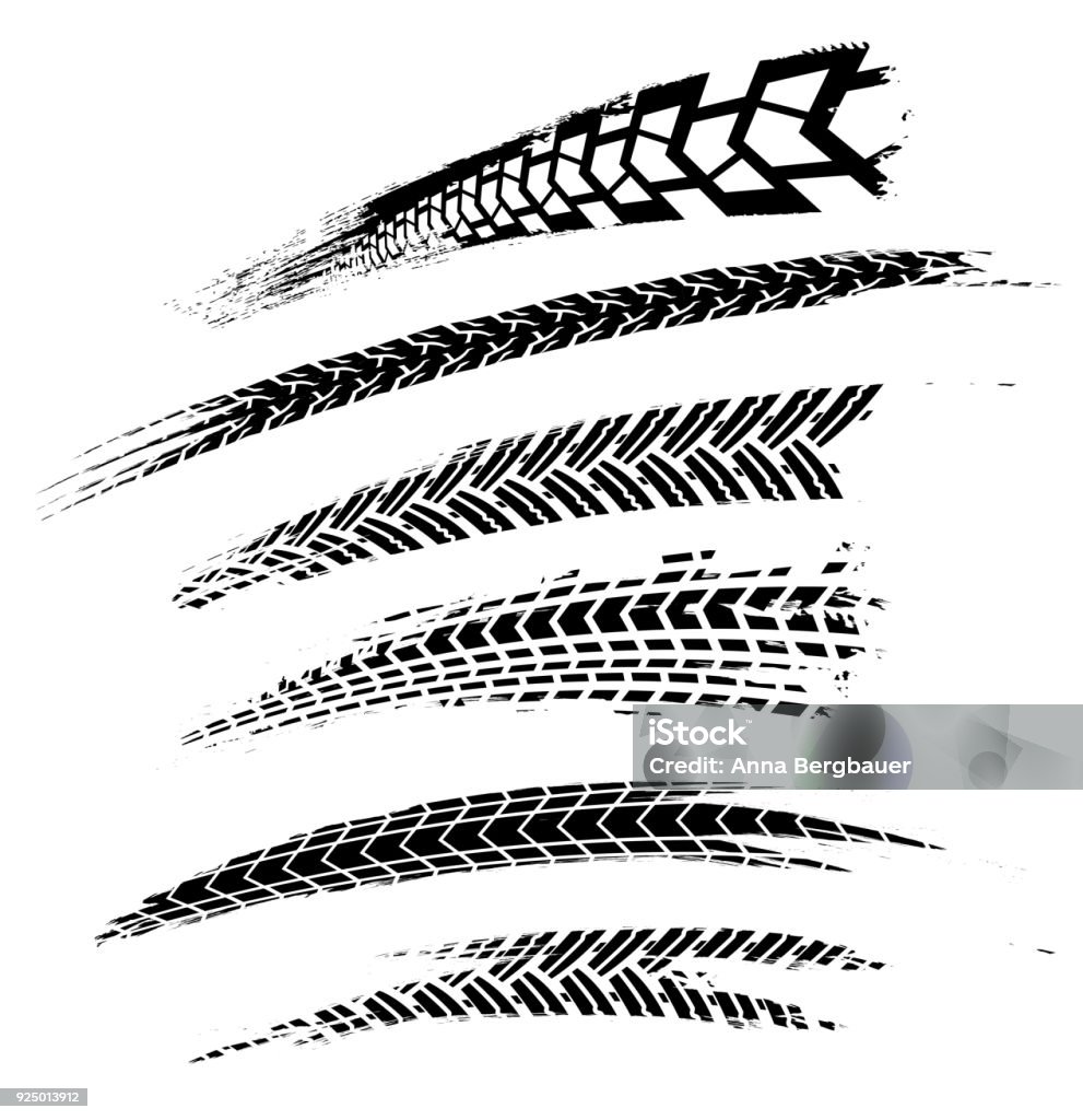 Tire Tracks Elements-01 Motorcycle tire tracks vector illustration. Grunge automotive element useful for poster, print, flyer, book, booklet, brochure and leaflet design. Editable graphic image in black color isolated on a white background. Tire - Vehicle Part stock vector