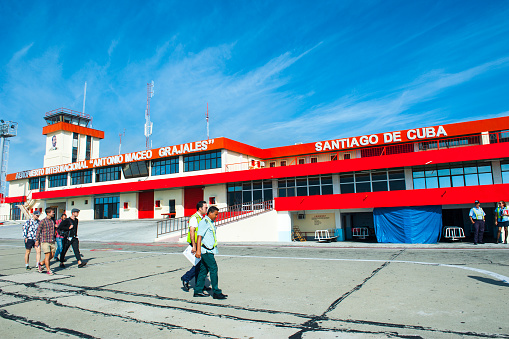 Santiago de Cuba, Cuba, January 2, 2017; Tourist on Antonio Maceo Grajales Airport