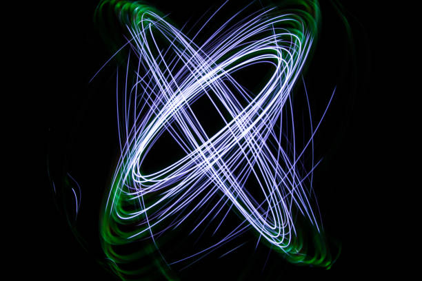 Painting with light coming from the diode. A spiral outline drawn by a flashlight suspended on a string. Black background.