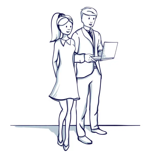 Vector illustration of Young business people: a man and a woman are discussing the business process.