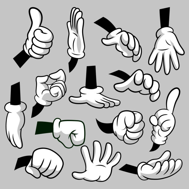 illustrations, cliparts, dessins animés et icônes de mains de dessin animé avec le jeu d’icônes de gants isolés. vector clipart - parties du corps, les bras en gants blancs. collection de geste de main. modèles de conception de graphiques - paire de gants