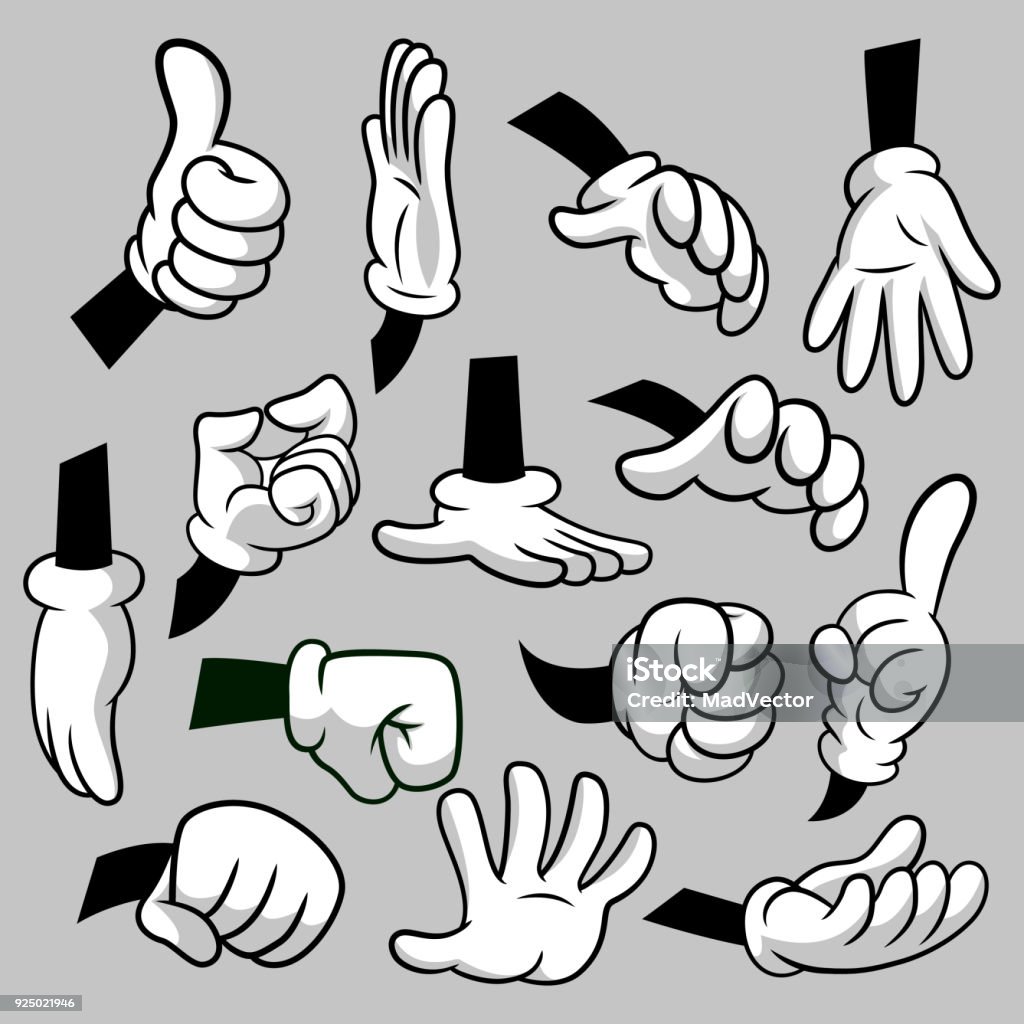 Cartoon hands with gloves icon set isolated. Vector clipart - parts of body, arms in white gloves. Hand gesture collection. Design templates for graphics Cartoon hands with gloves icon set isolated. Vector clipart - parts of body, arms in white gloves. Hand gesture collection. Design templates for graphics. Cartoon stock vector