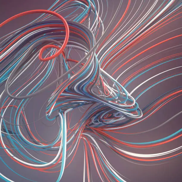Photo of Interlacing abstract blue and red curves. 3D rendering