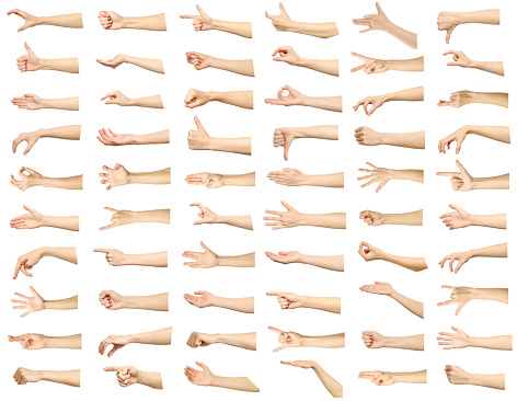 Conjunto de imágenes múltiples de gestos con las manos caucásico mujer aislado sobre fondo blanco photo
